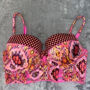 Victorias Secret Very Sexy Balconet Bra Pink Abstract Print Strappy Longline 36C